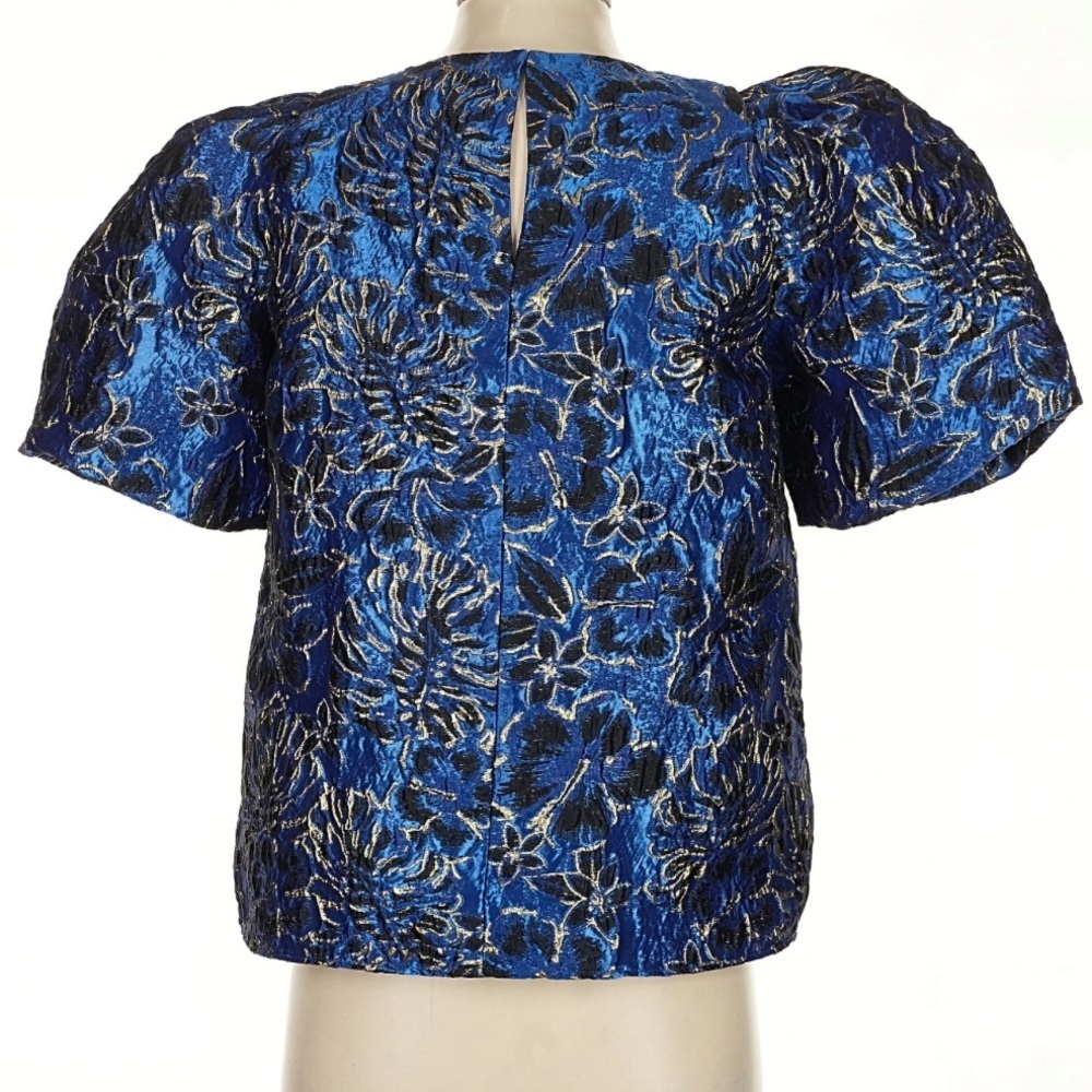 Lilly Pulitzer Pratt Brocade Top Blue Grotto Twilight Floral Gold Puff Sleeve S - Picture 2 of 5